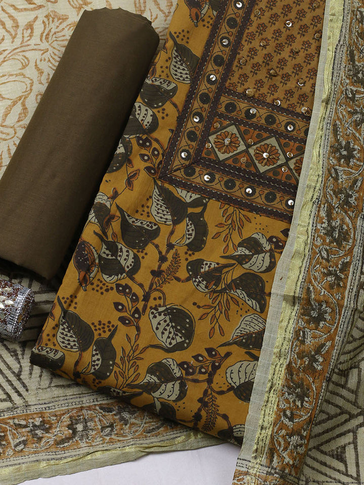 Printed Cotton Blend Unstitched Suit With Pant &amp; Dupatta