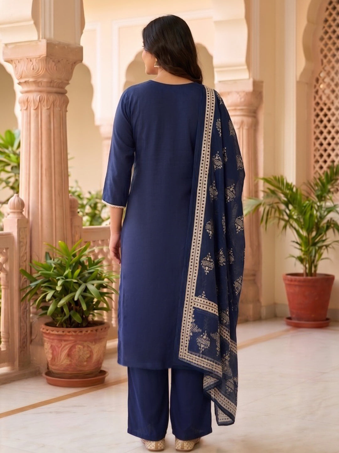 Neck Embroidered Cotton Blend Kurta With Pant &amp; Dupatta