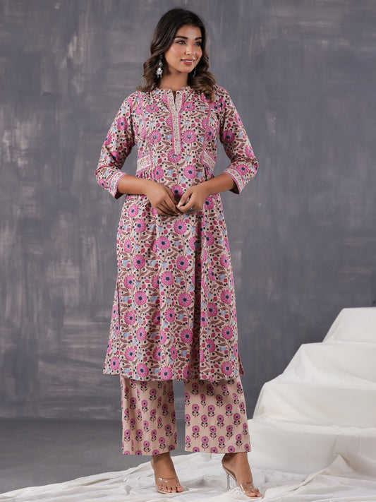 Floral Printed Cotton Blend  Kurta With Pants