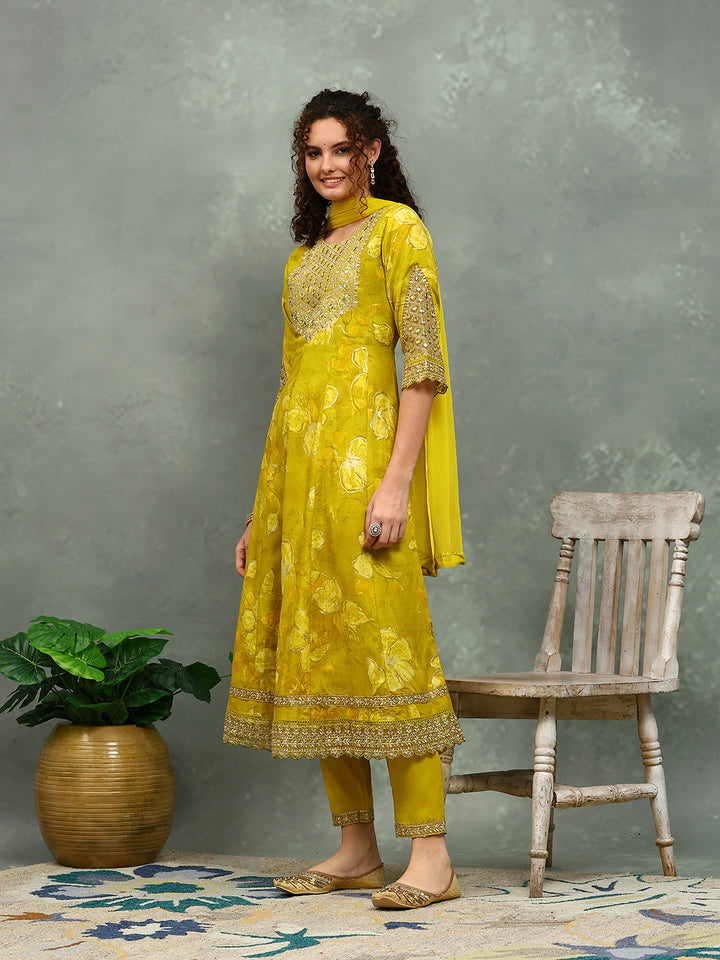 Printed Cotton Blend Kurta With Pants &amp; Dupatta