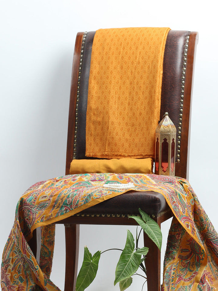 Printed Tussar Unstitched Kurta With Pant &amp; Dupatta