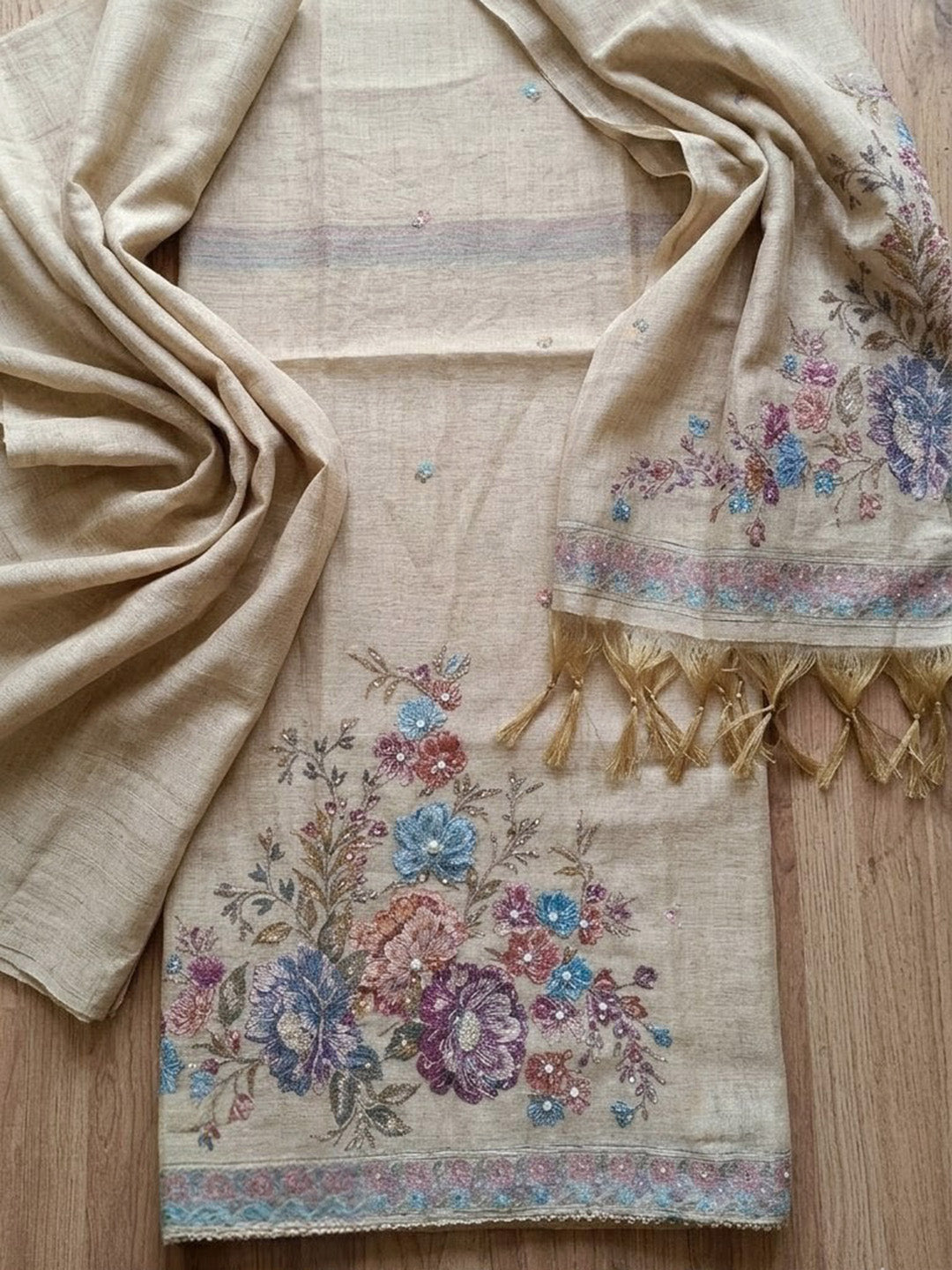 Embroidered Chanderi Unstitched Suit With Pant &amp; Dupatta