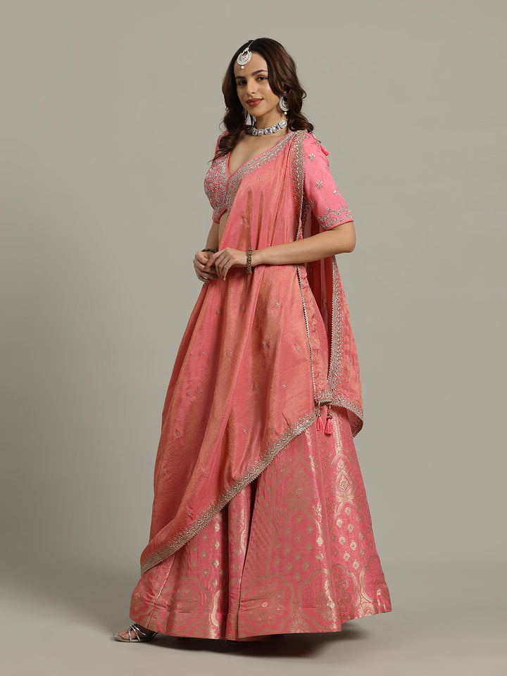 Embroidered Banarasi Choli With Lehenga &amp; Dupatta