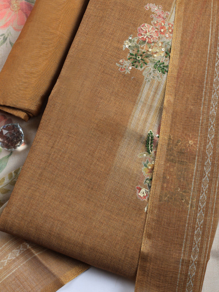 Printed Linen Blend Unstitched Suit With Pant &amp; Dupatta