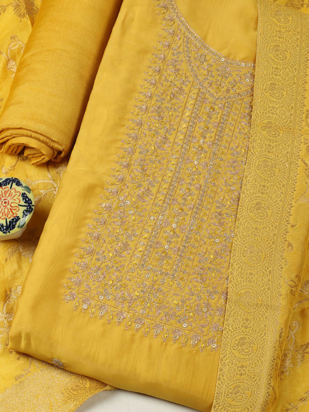 Embroidered Chanderi Unstitched Suit With Pant &amp; Dupatta