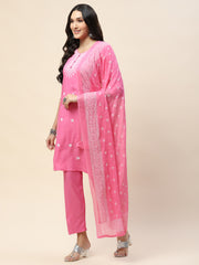 Neck Embroidery Cotton Kurta With Pants & Dupatta