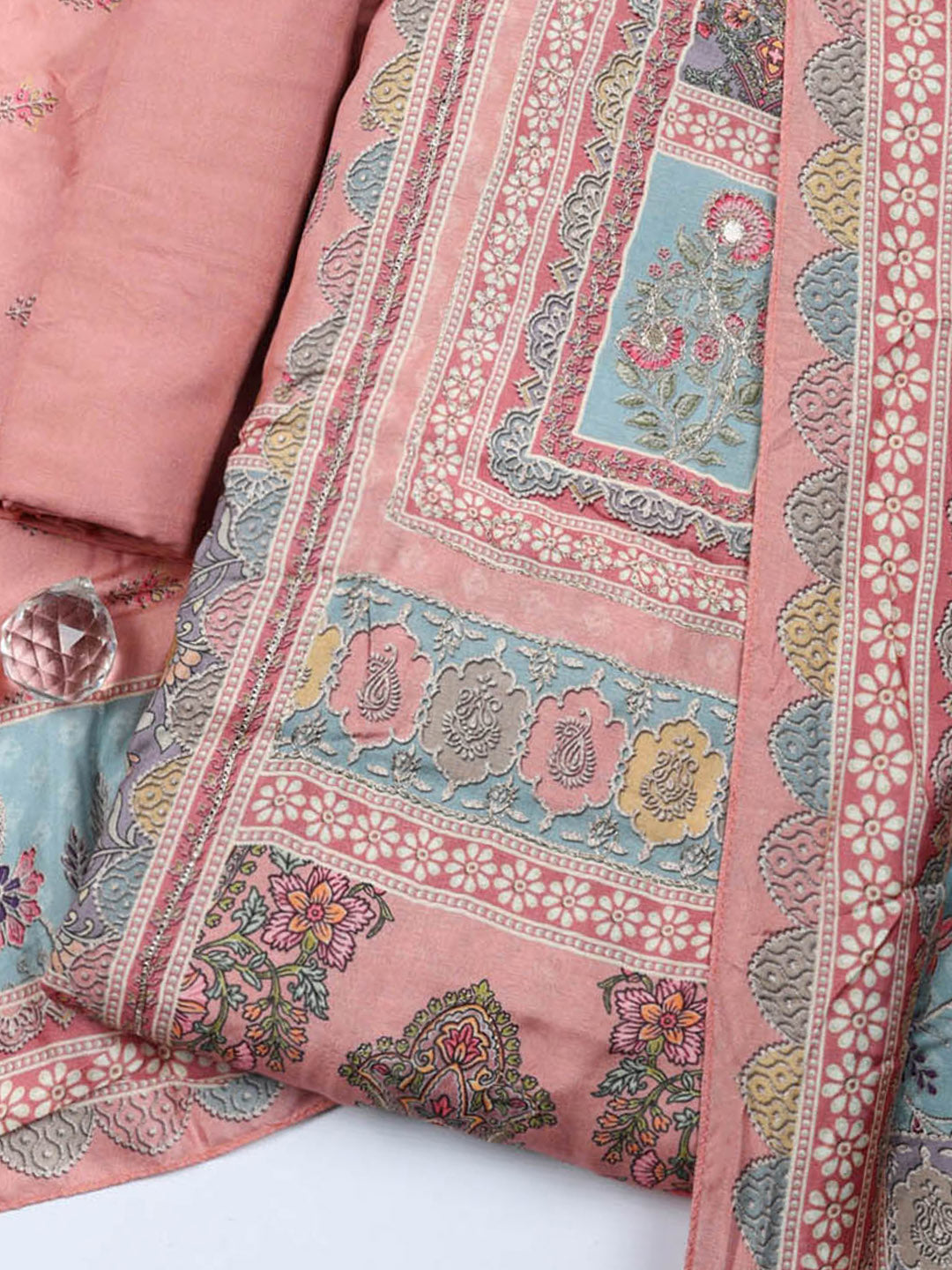Embroidered Muslin Unstitched Suit With Pant &amp; Dupatta