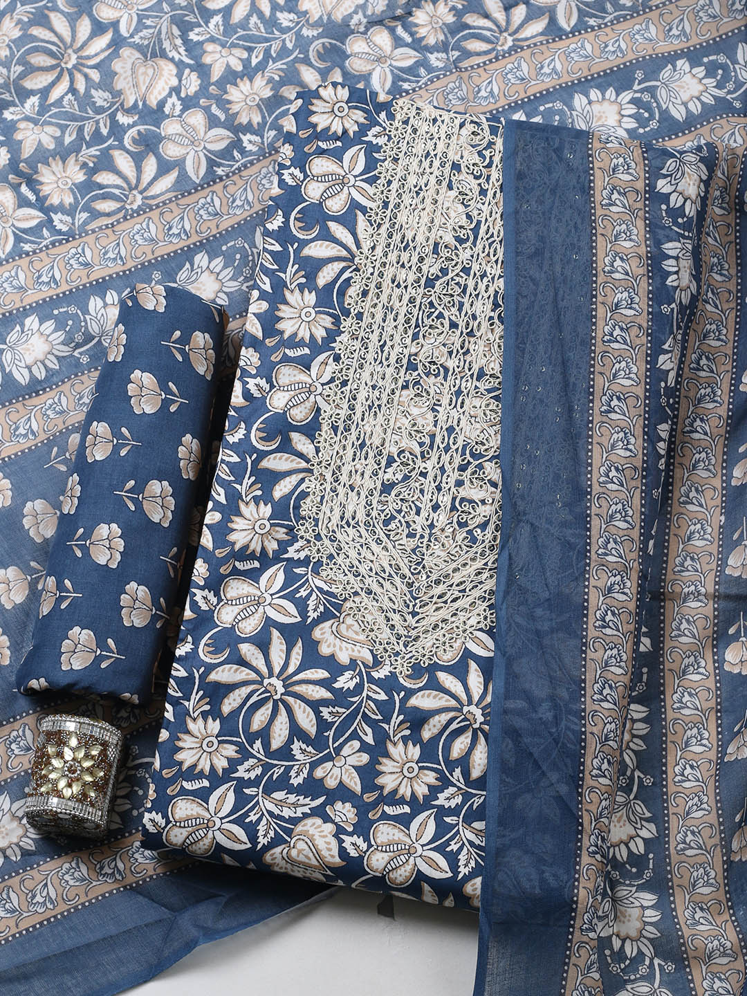 Printed Cotton Blend Unstitched Suit With Pant &amp; Dupatta