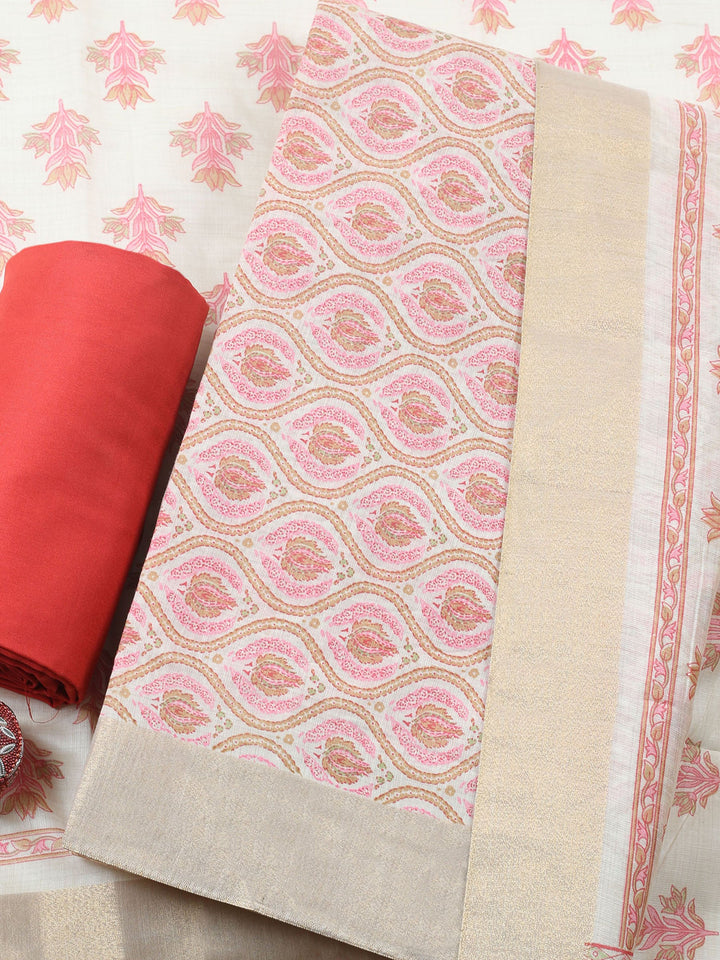 Printed, Chanderi Unstitched Suit With Pant &amp; Dupatta