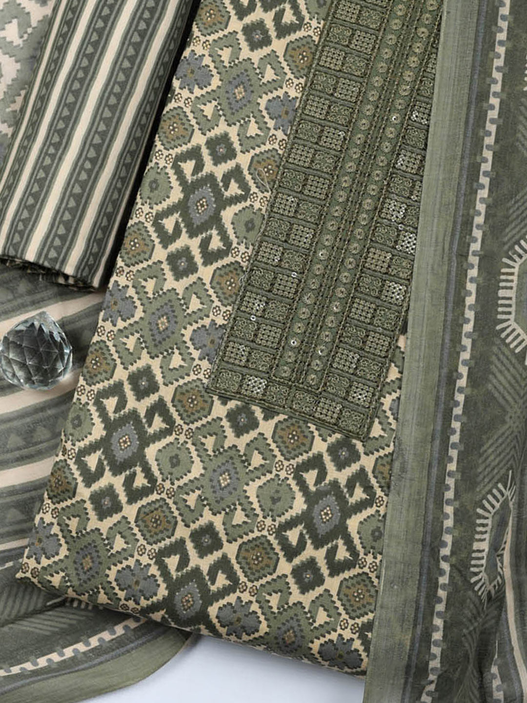 Printed Cotton Blend Unstitched Suit With Pant &amp; Dupatta