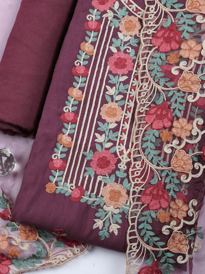 Embroidered Cotton Blend Unstitched Suit With Pant &amp; Dupatta