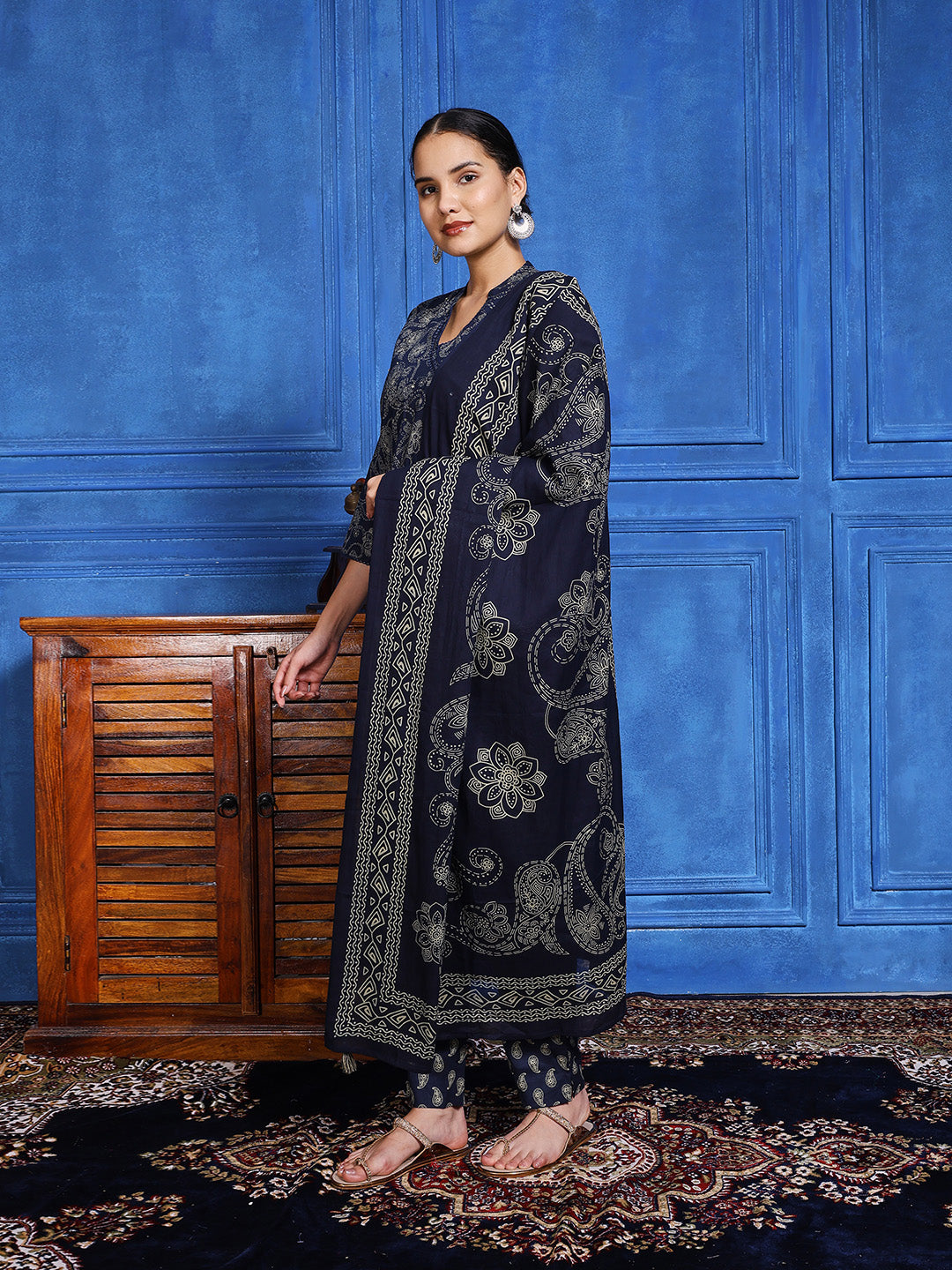 Printed Cotton Blend Kurta With Pants & Dupatta