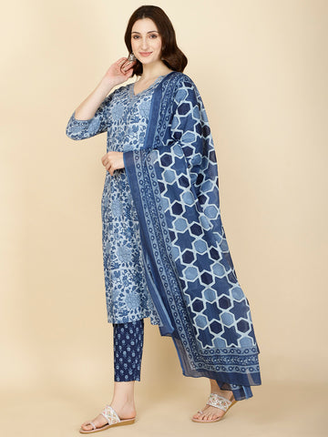 Floral Printed Cotton Suit Set with Dupatta