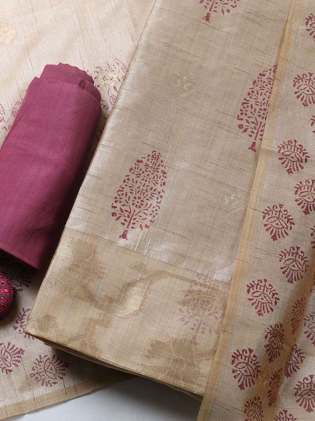 Printed Cotton Blend Unstitched Suit With Pant &amp; Dupatta