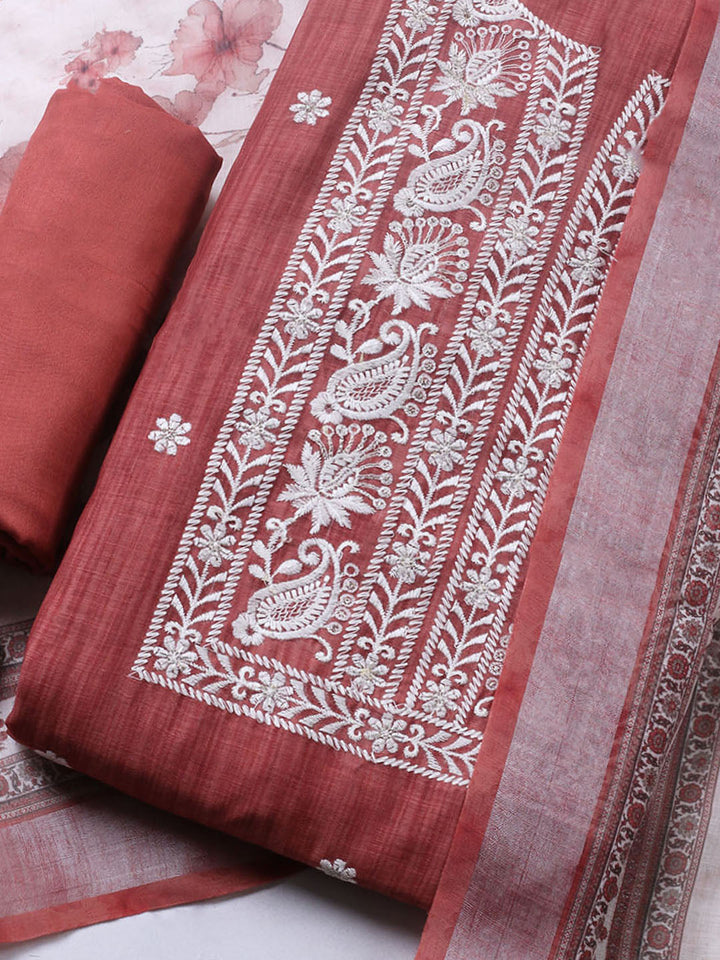 Embroidered Linen Blend Unstitched Suit With Pant &amp; Dupatta