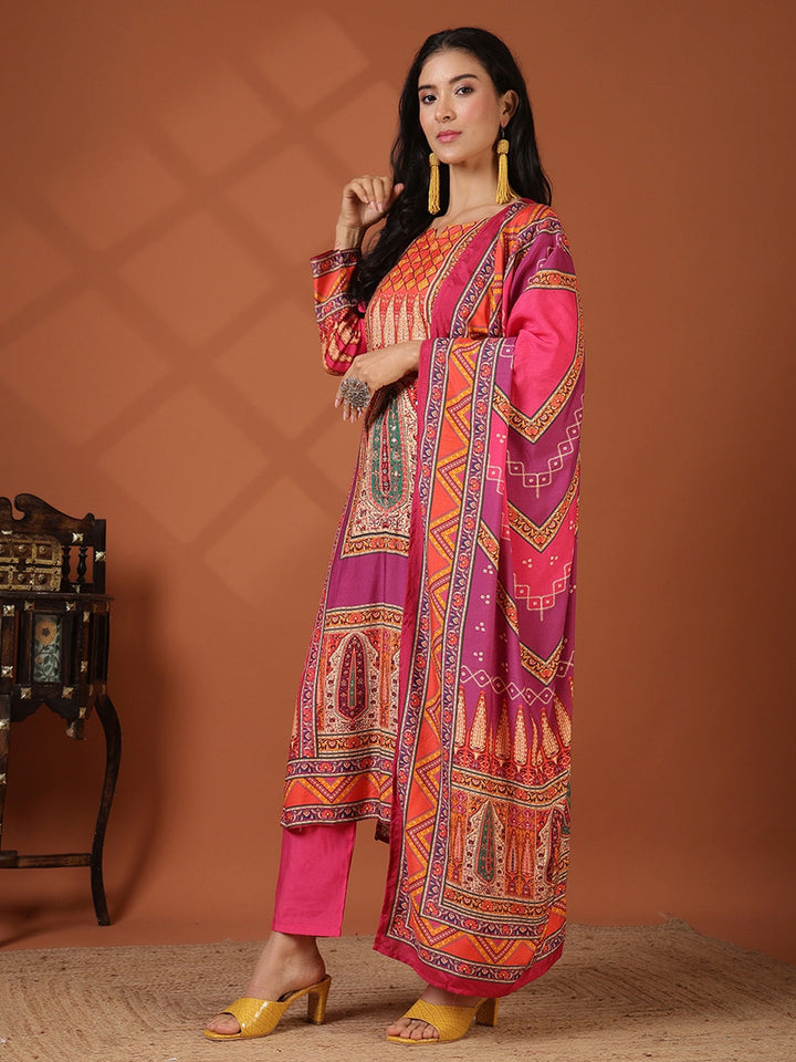 Floral Printed Art Silk Kurta With Pant &amp; Dupatta