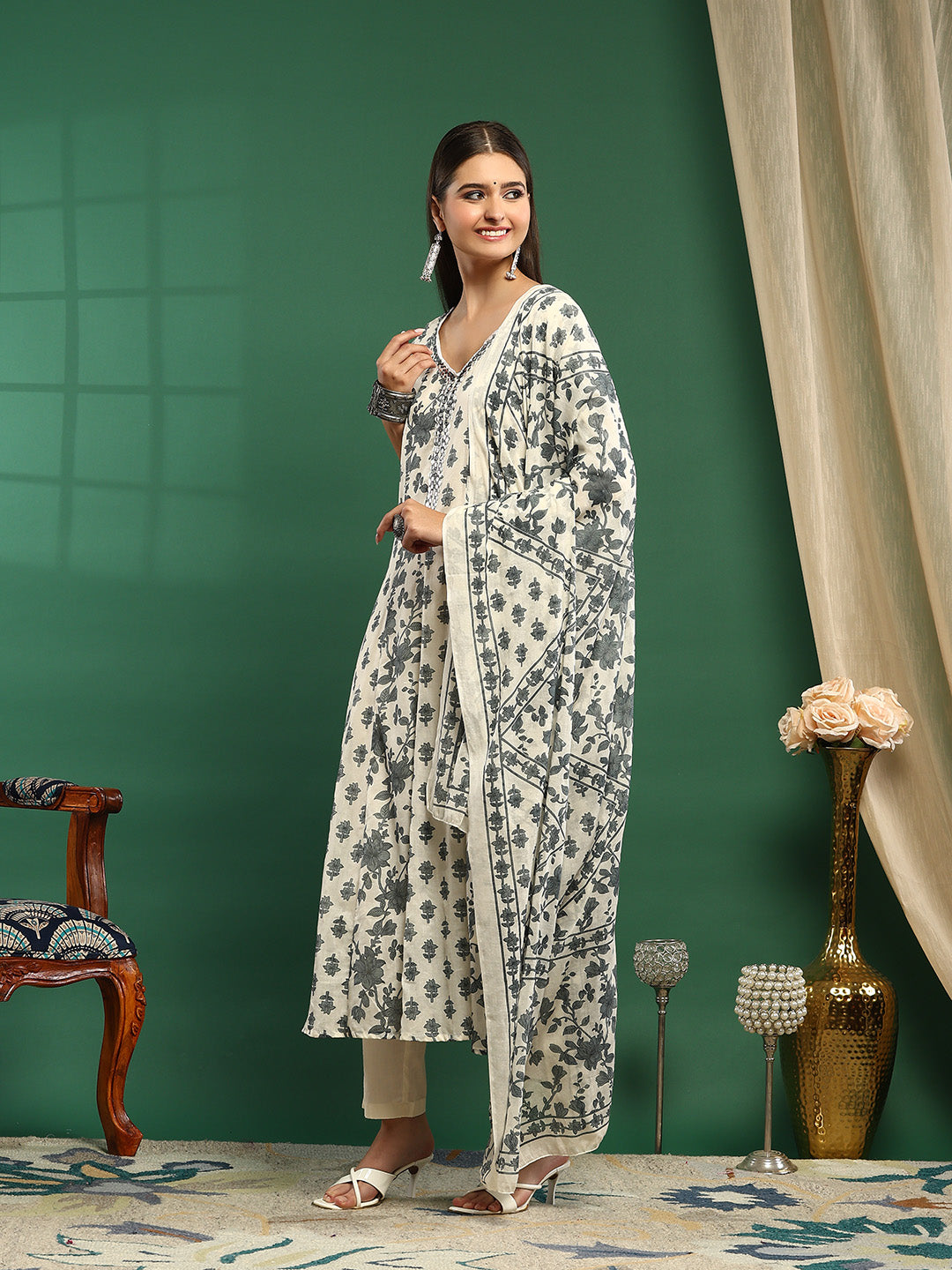 Printed Cotton Blend Kurta With Pant &amp; Dupatta