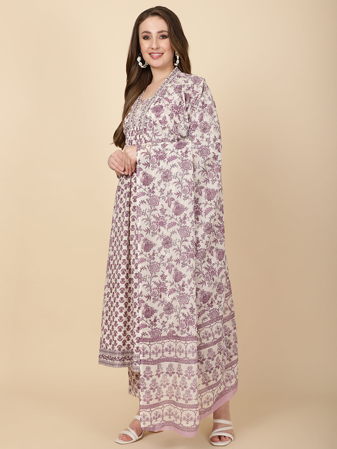 Floral Printed Cotton Blend Purple Cream Suit With Pant &amp; Dupatta