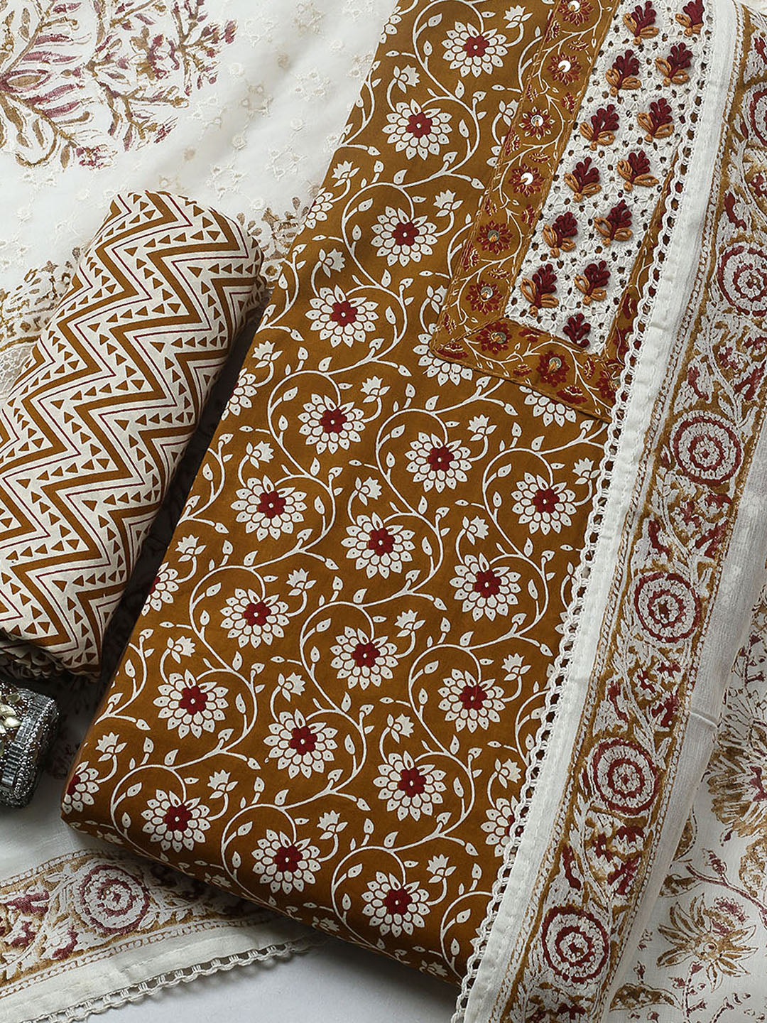 Embroidered Cotton Blend Unstitched Suit With Pant &amp; Dupatta
