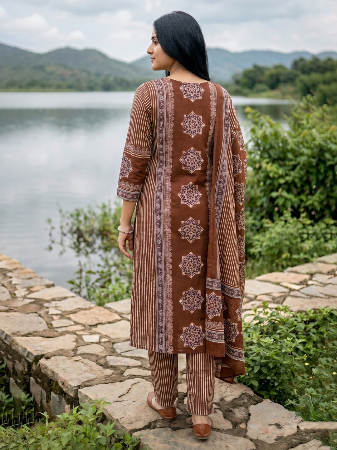 Brown Printed Cotton Blend Straight Round Neck Suit Set