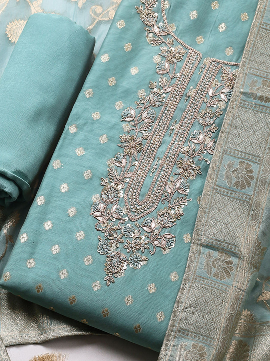 Embroidered Chanderi Unstitched Suit With Pant &amp; Dupatta