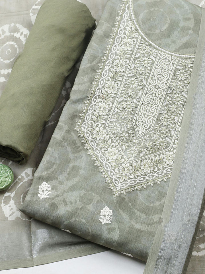 Embroidered Linen Blend Unstitched Suit With Pant Dupatta
