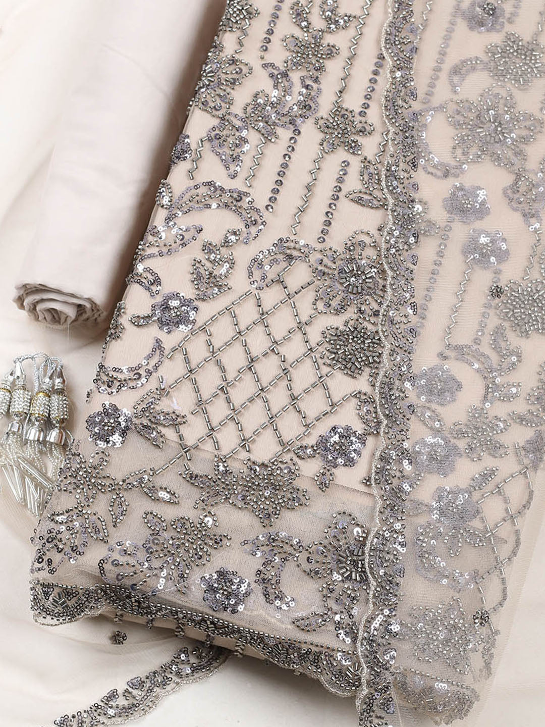 Embroidered Net Unstitched Suit With Pant &amp; Dupatta