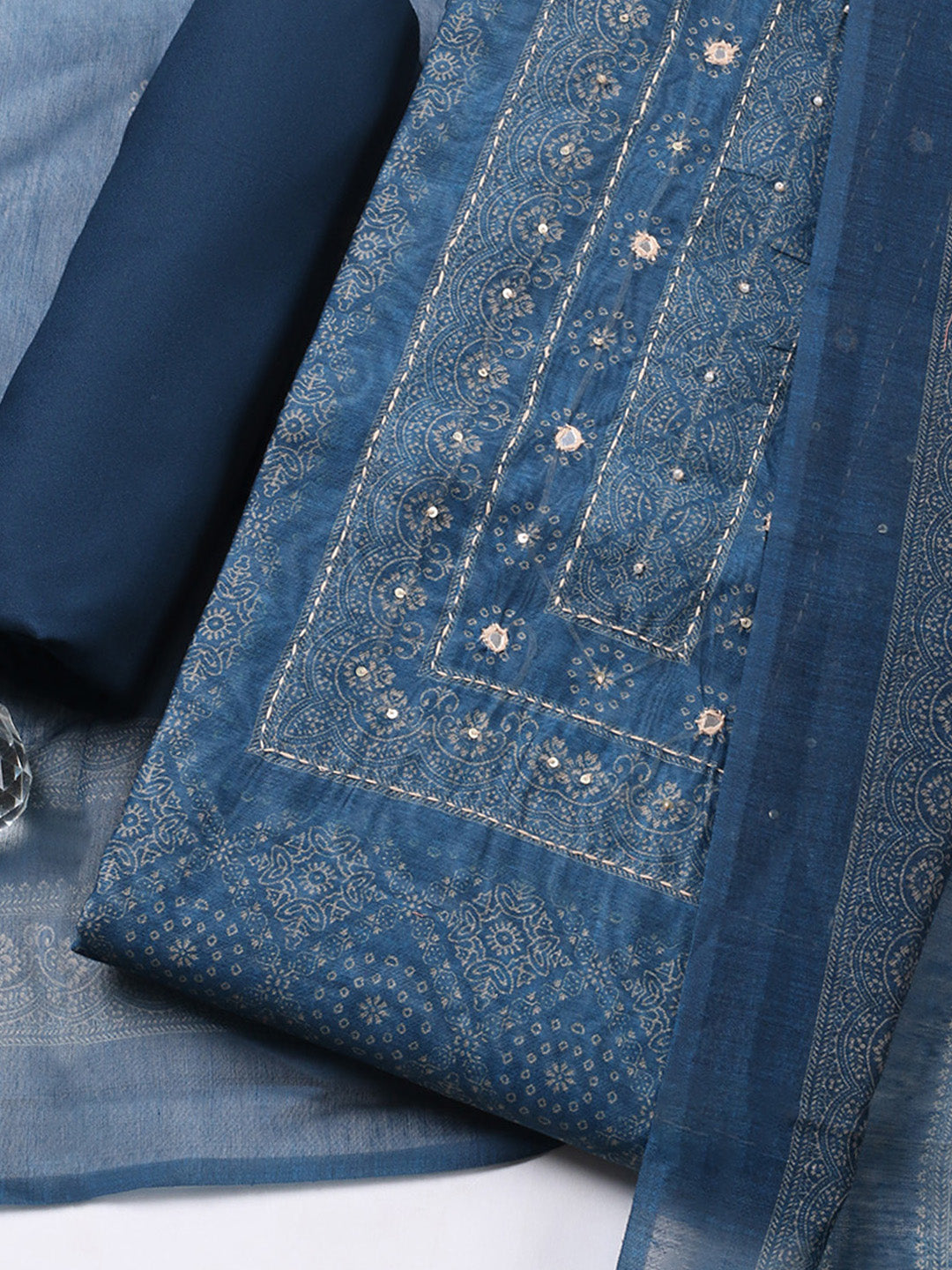 Embroidered Linen Blend Unstitched Suit With Pant &amp; Dupatta