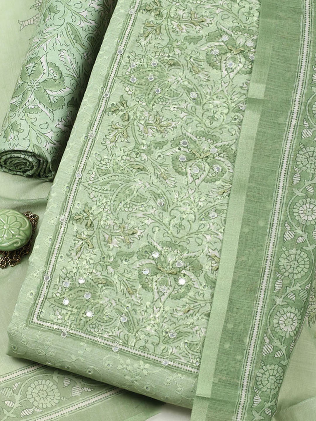Embroidered Chanderi Unstitched Suit With Pant &amp; Dupatta