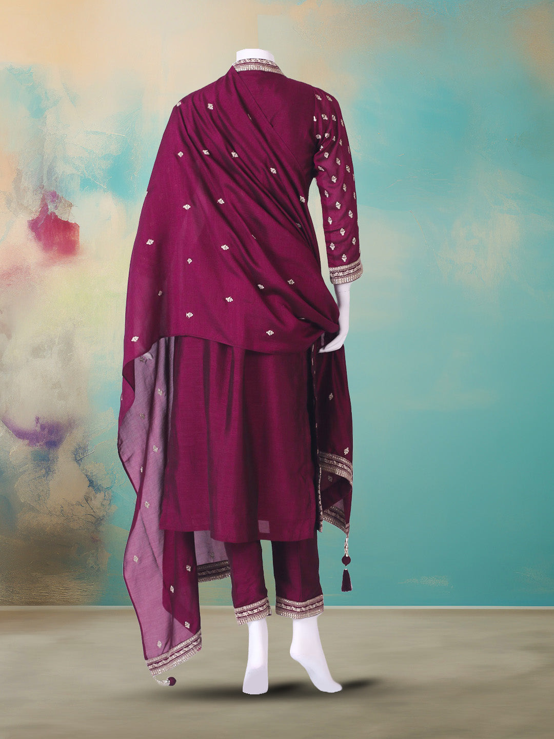Embroidered Art Silk Kurta With Pant &amp; Dupatta