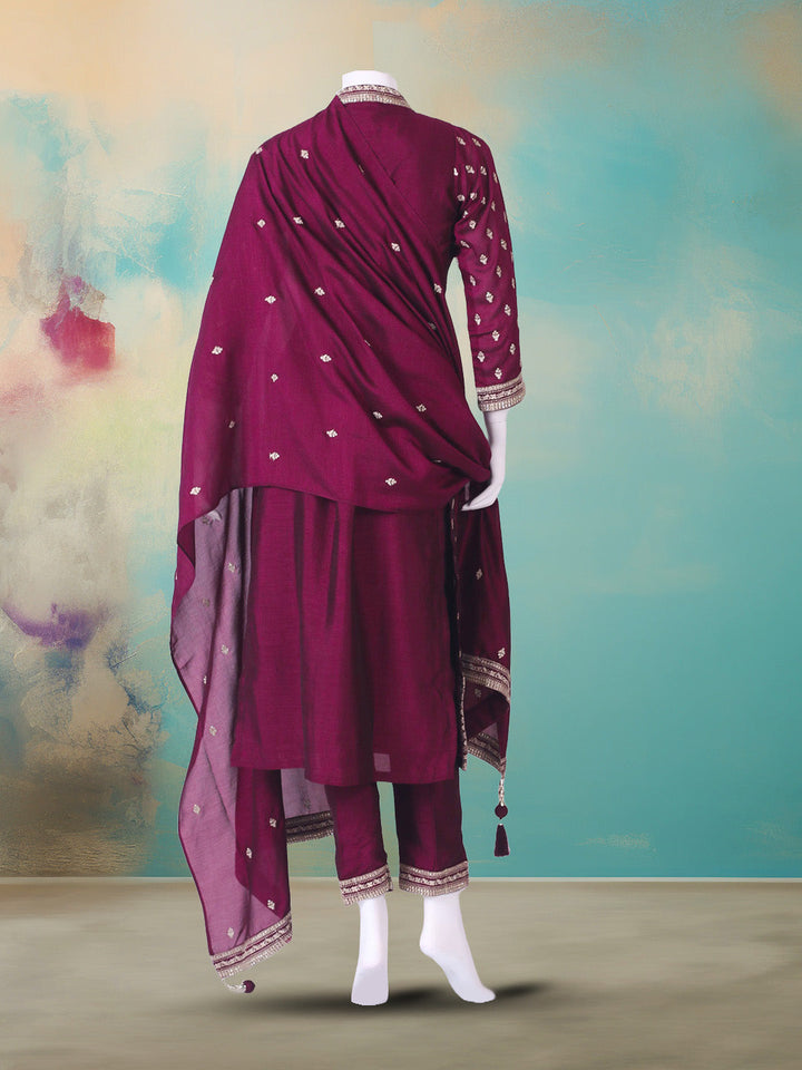 Embroidered Art Silk Kurta With Pant &amp; Dupatta