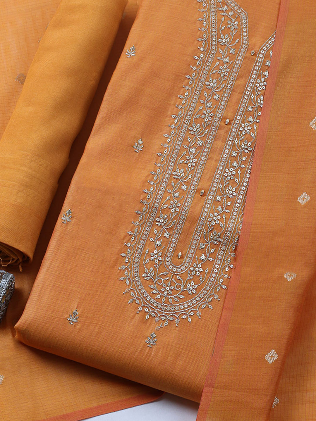 Embroidered Chanderi Unstitched Suit With Pant &amp; Dupatta