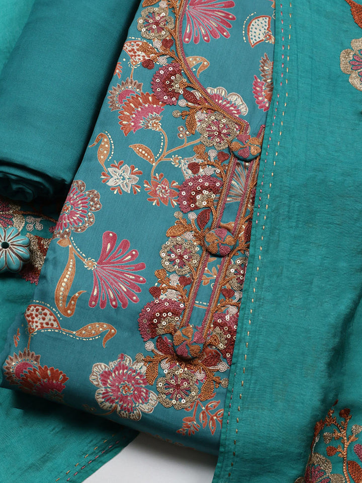 Embroidered Cotton Blend Unstitched Suit With Pant &amp; Dupatta