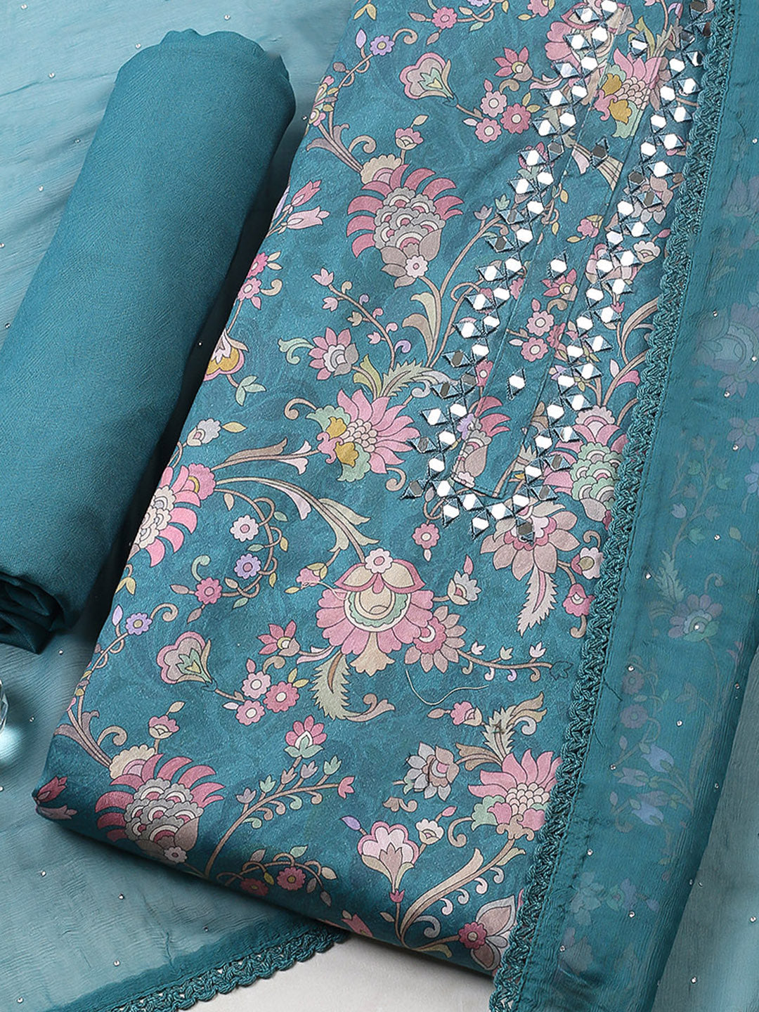 Embellished Cotton Blend Unstitched Suit With Pant &amp; Dupatta