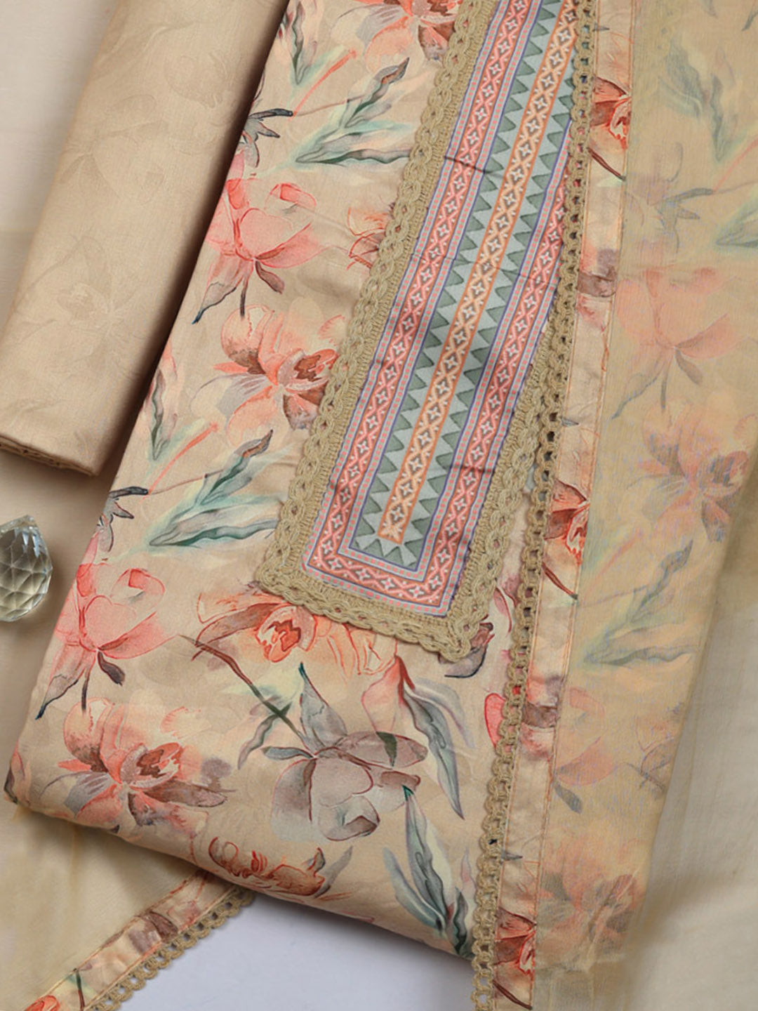 Embroidered Cotton Blend Unstitched Suit With Pant &amp; Dupatta