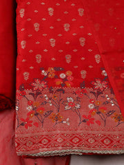 Woven Design Chanderi Red Unstitched Suit With Pant & Dupatta