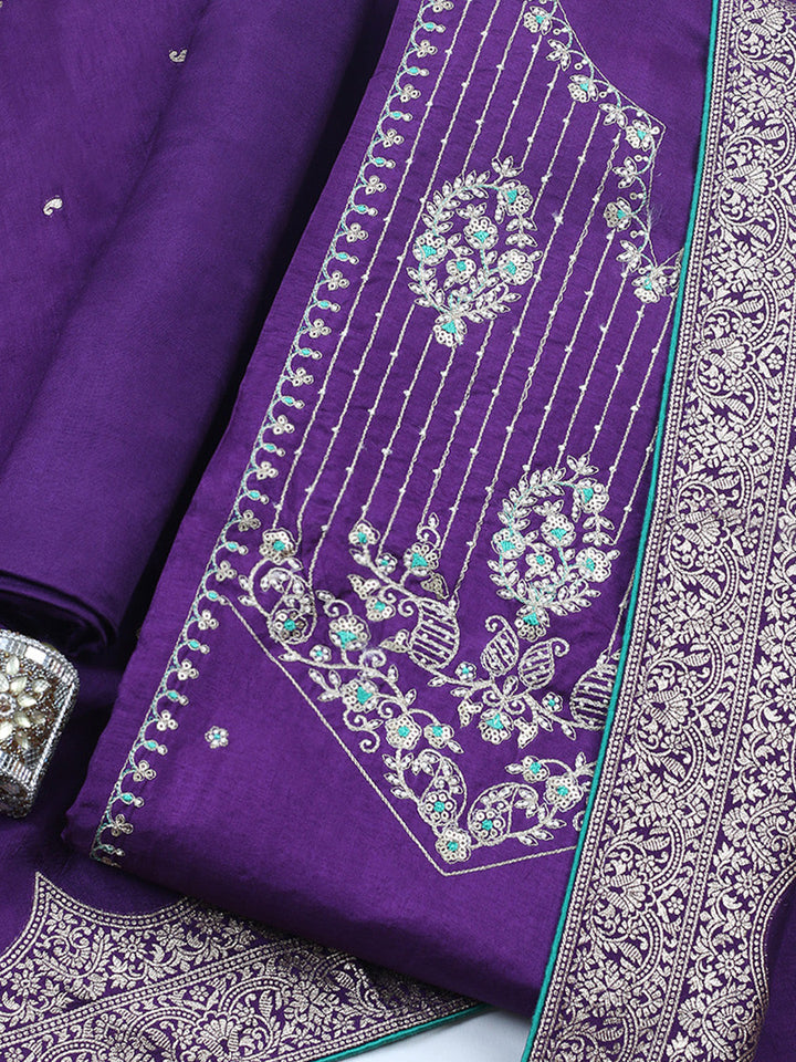 Embroidered Chanderi Unstitched Suit With Pant &amp; Dupatta