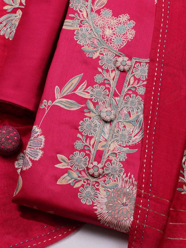 Embroidered Cotton Blend Unstitched Suit With Pant &amp; Dupatta