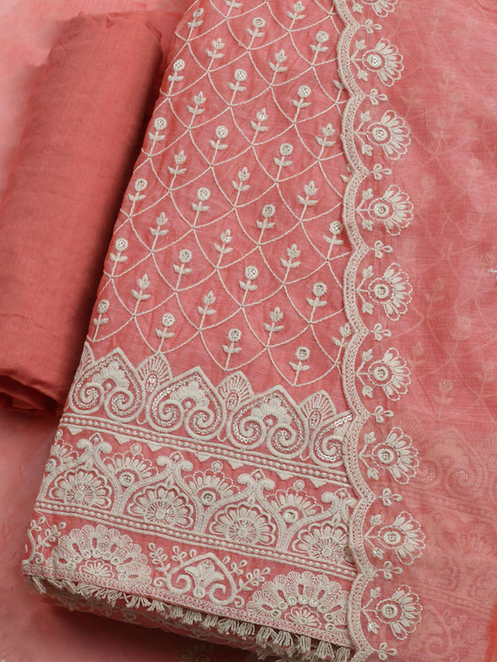 Embroidered Chanderi Unstitched Kurta With Pant &amp; Dupatta