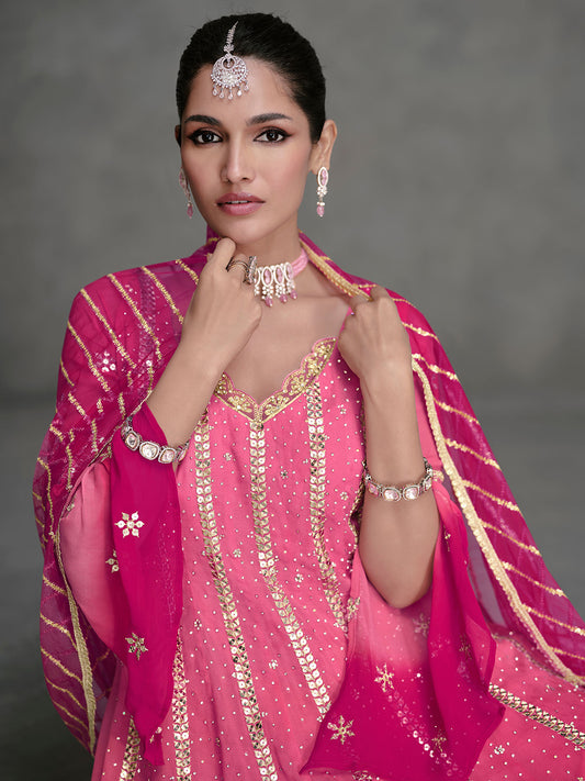 Embroidery Georgette Kurta With Palazzo And Dupatta