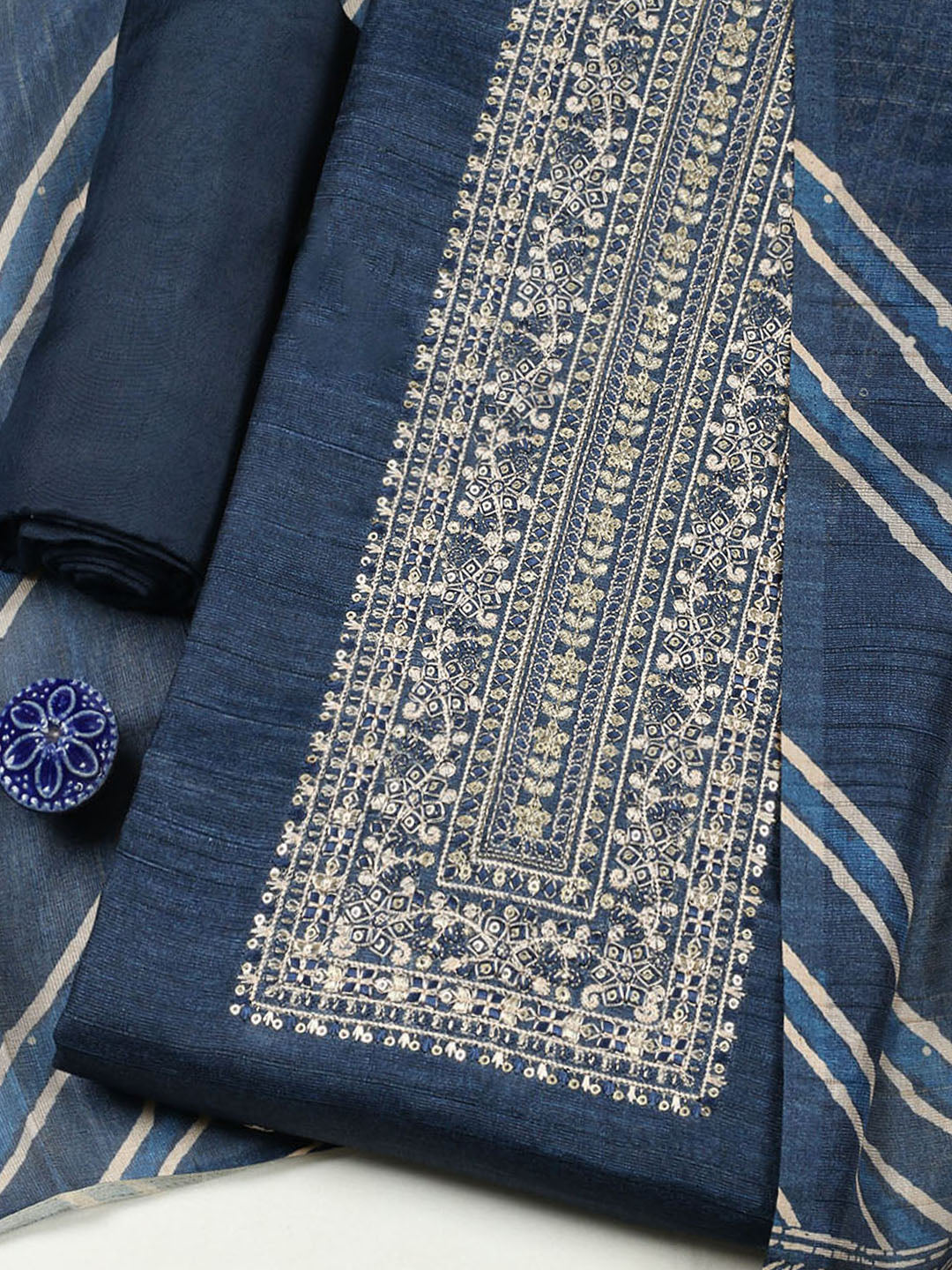 Embroidered Chanderi Unstitched Suit With Pant &amp; Dupatta