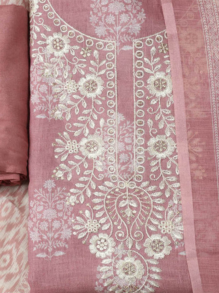 Embroidered Linen Blend Unstitched Suit With Pant &amp; Dupatta