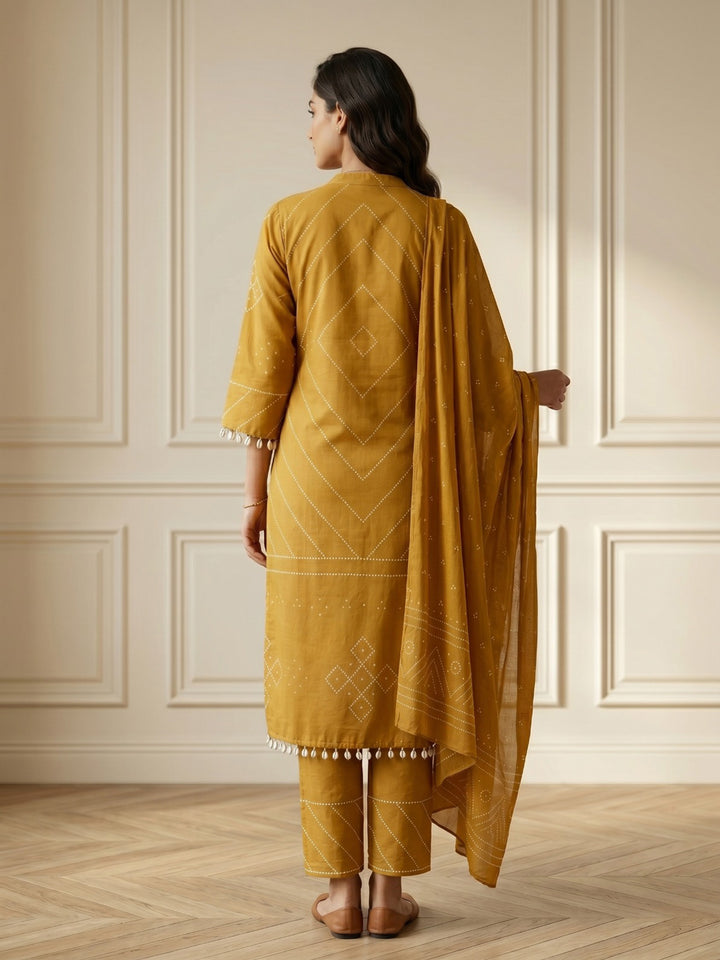 Mustard Embroidered Cotton Blend Straight V Neck Suit Set