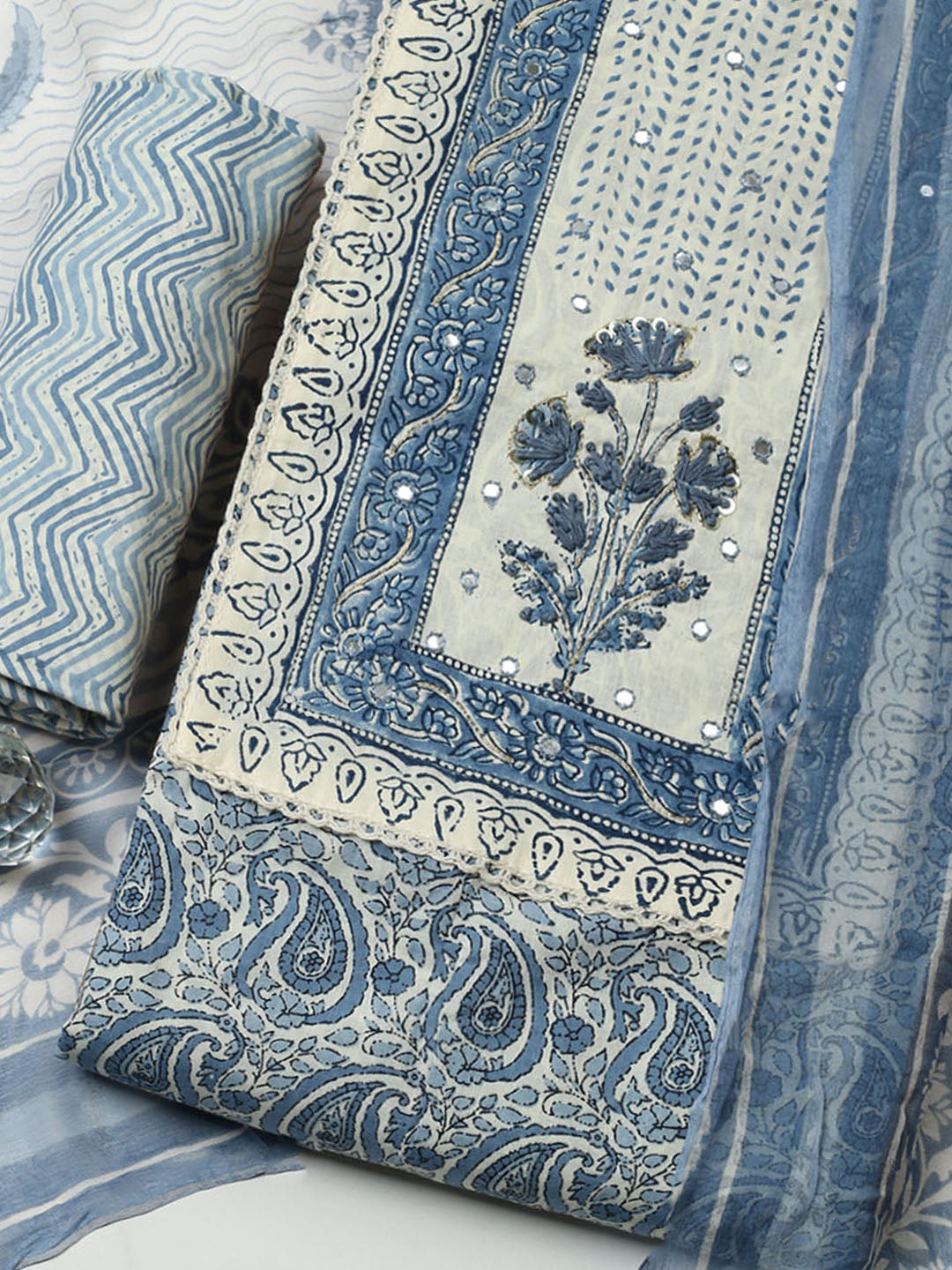 Printed Cotton Blend Unstitched Suit With Pant &amp; Dupatta