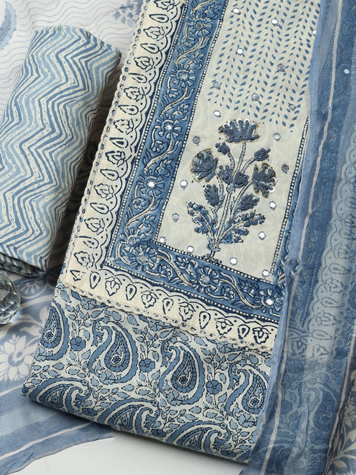 Printed Cotton Blend Unstitched Suit With Pant &amp; Dupatta