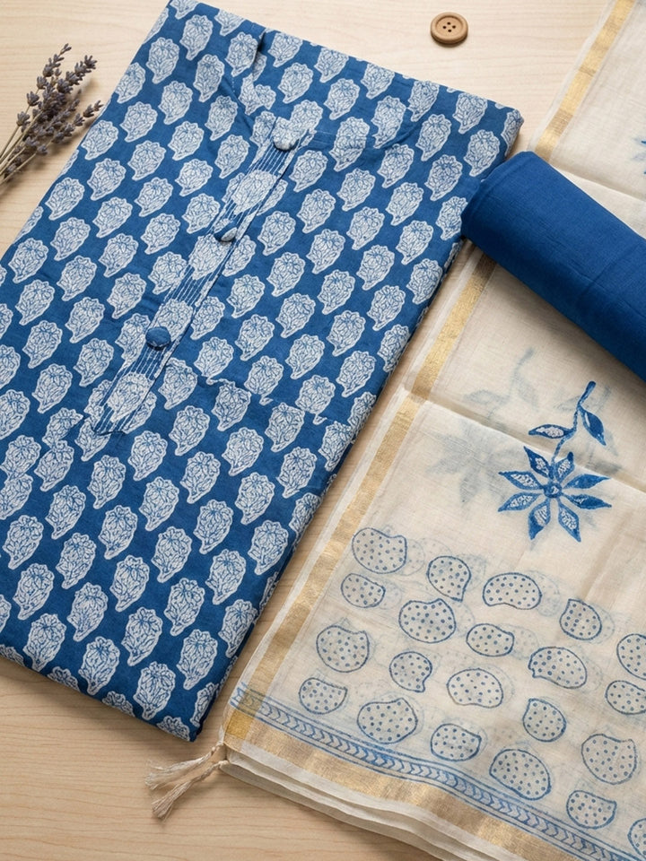 Printed Cotton Blend Unstitched Suit With Pant &amp; Dupatta