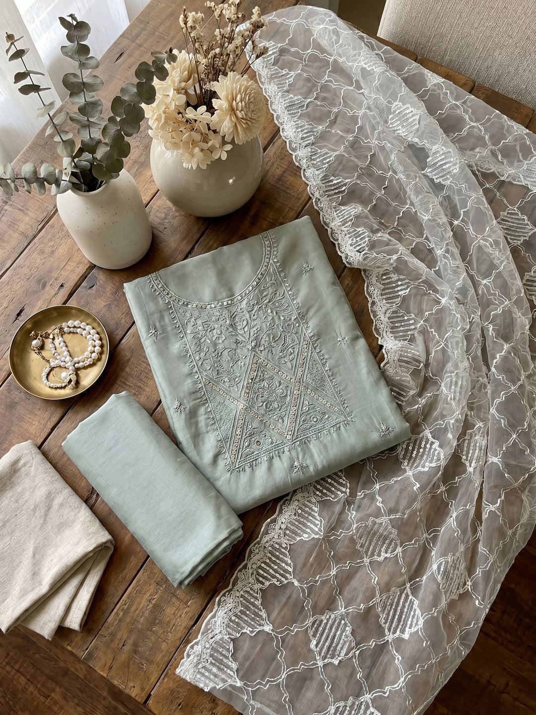 Neck Embroidered Chanderi Unstitched Suit With Dupatta