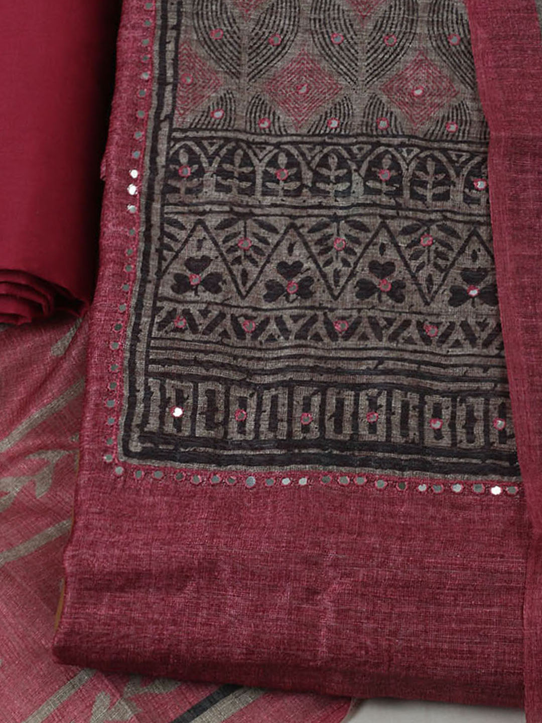 Printed Chanderi Unstitched Suit With Pant &amp; Dupatta