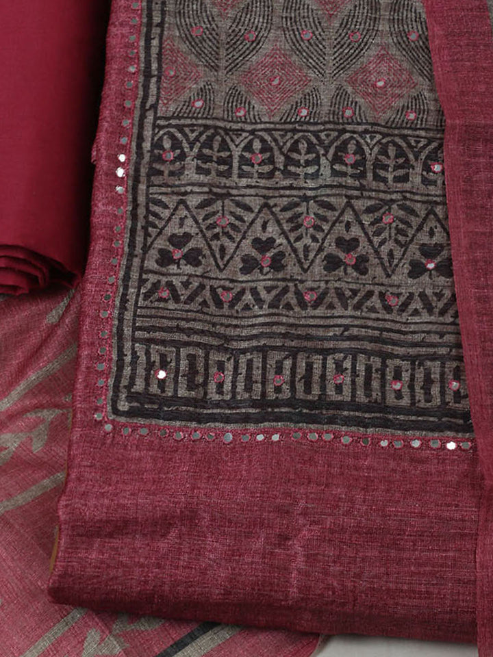 Printed Chanderi Unstitched Suit With Pant &amp; Dupatta