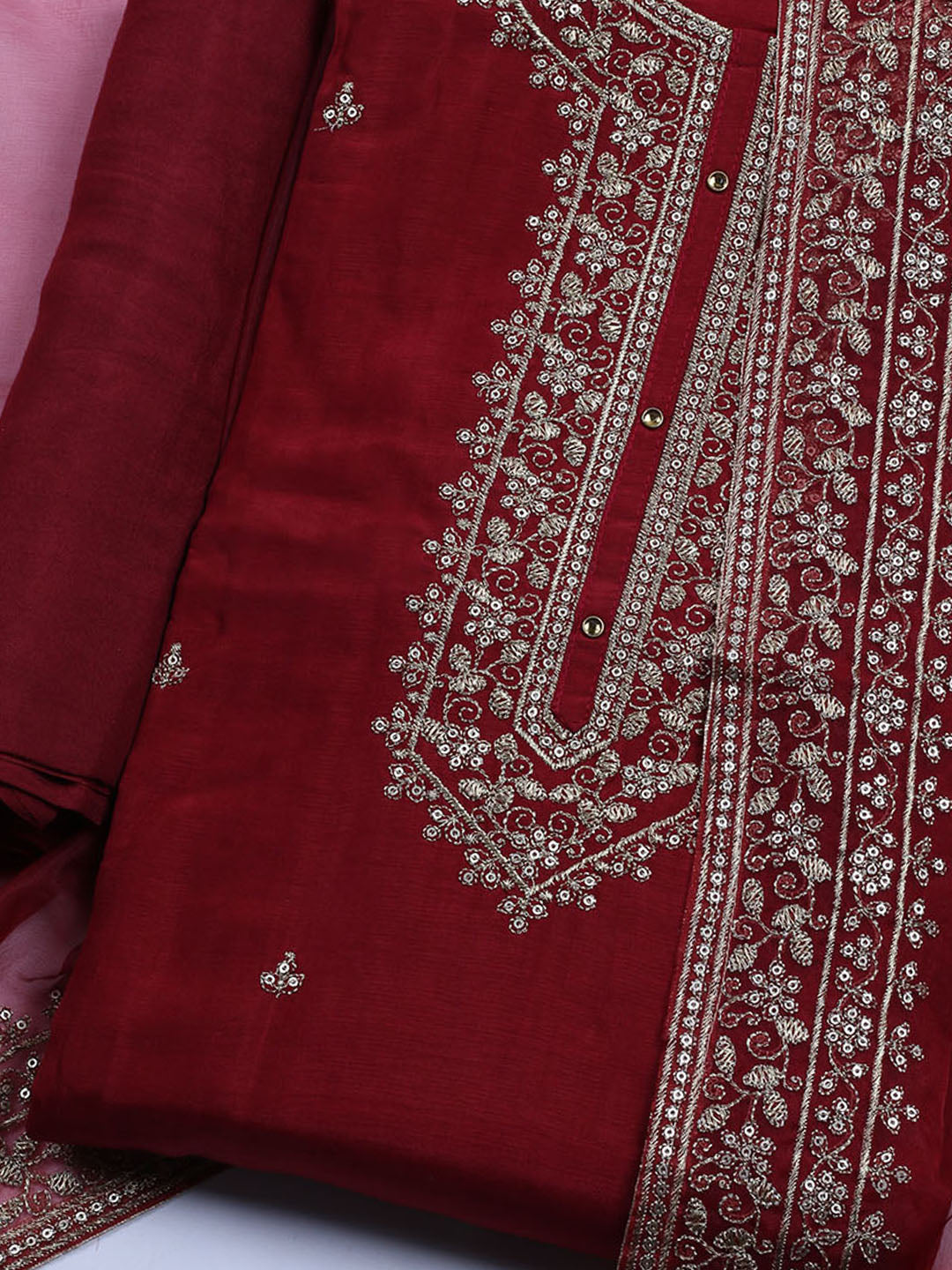 Neck Embroidered Chanderi Unstitched Suit With Dupatta